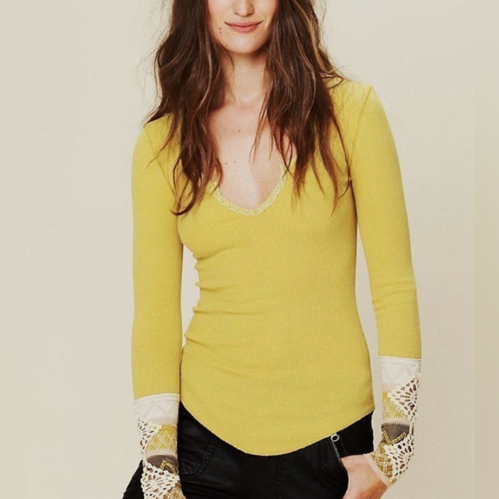 Free People Kombucha Cuff Boho Waffle Top with Crochet Details